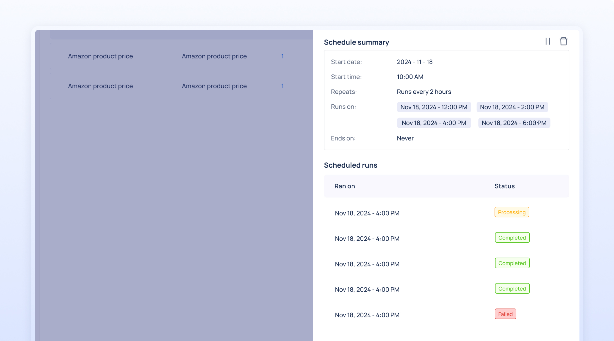 A Pline schedule summary panel displaying an automated data extraction workflow with scheduled runs and workflows status